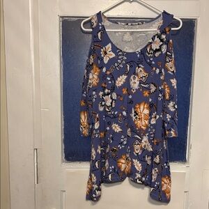 Jessica London Women’s Floral Cold Shoulder Tunic Top - Blue Orange Size 14/16